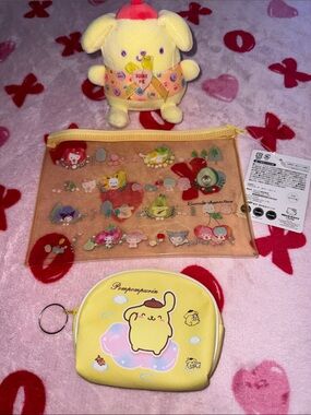 Sanrio Pompompurin Yellow Plush Toy with Yellow Coin Pouch and Character Zip Bag